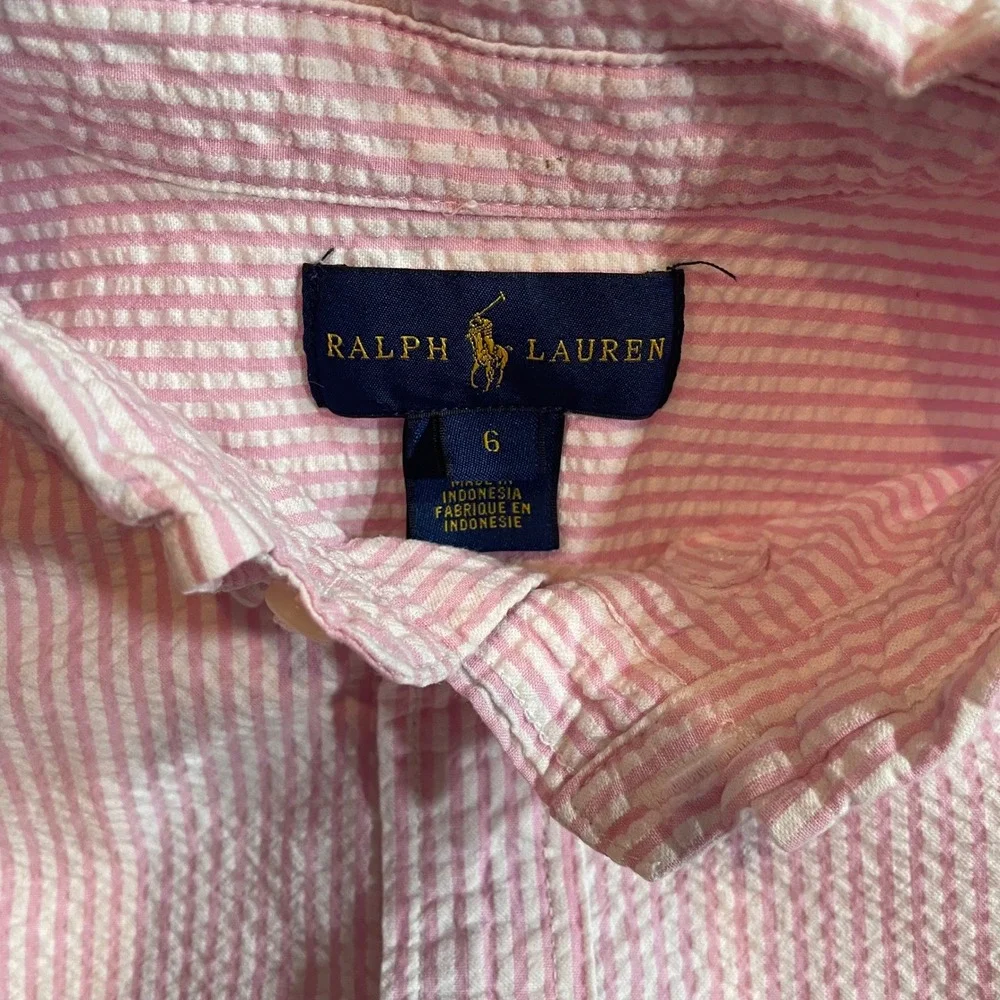 Ralph Lauren Boys Pink White Seersucker Striped Button Down Shirt Size 6 Preppy